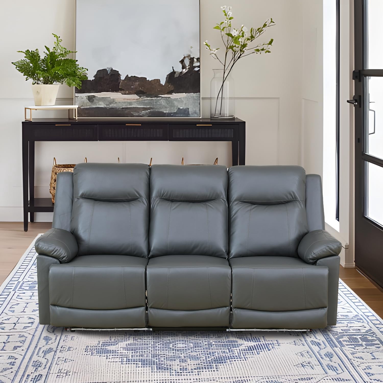 PonLiving Power Leather Recliner Sofa with LED Lights,with USB Port/Storage Console/Cup Holders.Drak Grey