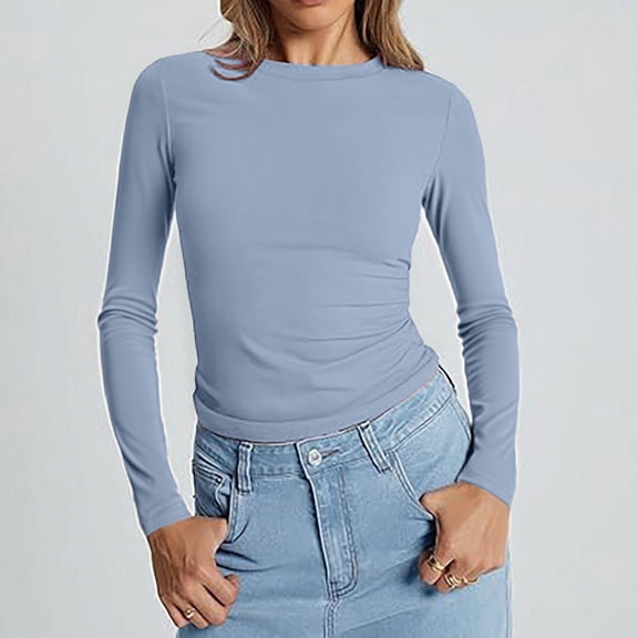 Harpily Long Sleeve Shirts for Women Boat Neck Layering Casual Basic Solid Color Cropped Blouses for Women Daily Leisure Vacation Outfits