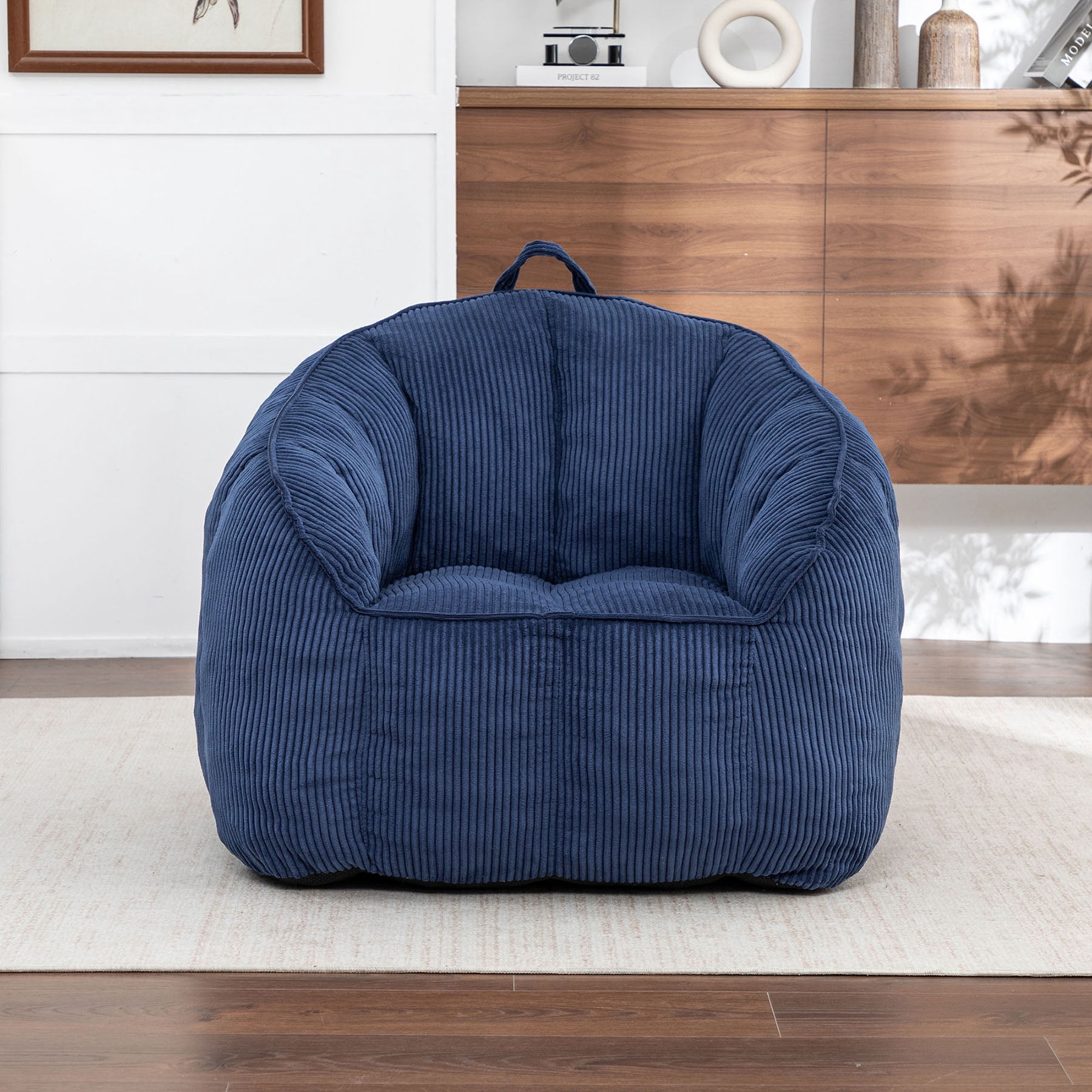 S-HOME Ergonomic Corduroy Bean Bag Chair for Adults and Teens in Classic Colour with Supportive Armrests for All Spaces, Dark Blue