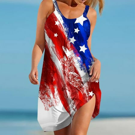

Joau Womens 4th of July American Flag Sleeveless Casual Dresses USA Stars Stripes Summer Beach Sundress Spoon Neck Loose Sleepdress Nightgown Comfy Home Loungewear