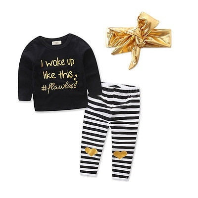 Ensemble pour Tout-Petites Filles : T-shirt à Manches Longues + Pantalon Rayé, Leggings + Bandeau