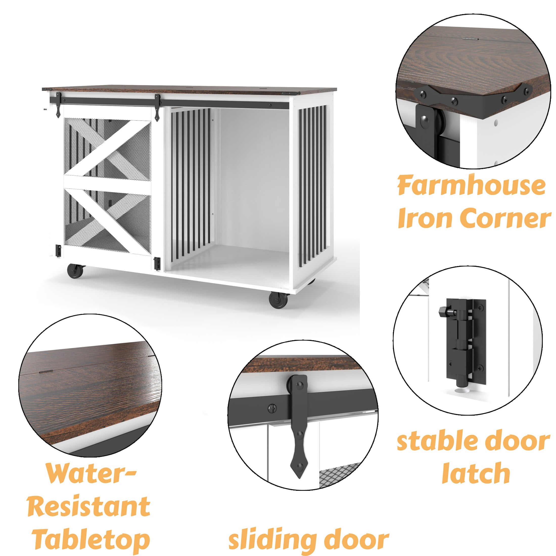 Noble House 47.2" Dog Crate with Flip-Top Feeding Door, Furniture Kennel with Barn Door & Wheels, Brown and White