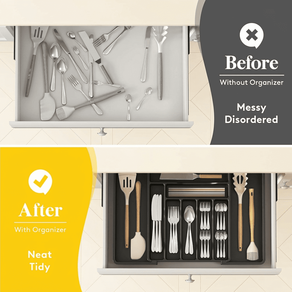 Norcho Expandable Utensil Organizer Drawer, Adjustable Cooking Silverware Tray, Plastic Spatula Tools Divider 13-22.4"x15" Black