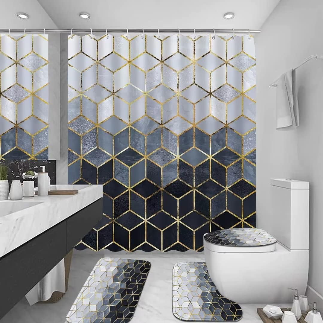 4Pcs Brown Gradient Shower Curtain Set, Modern Geometric Shower Curtain Set Golden Cubic Lines Bathroom Set Texture Art Bath Accessories with Mats