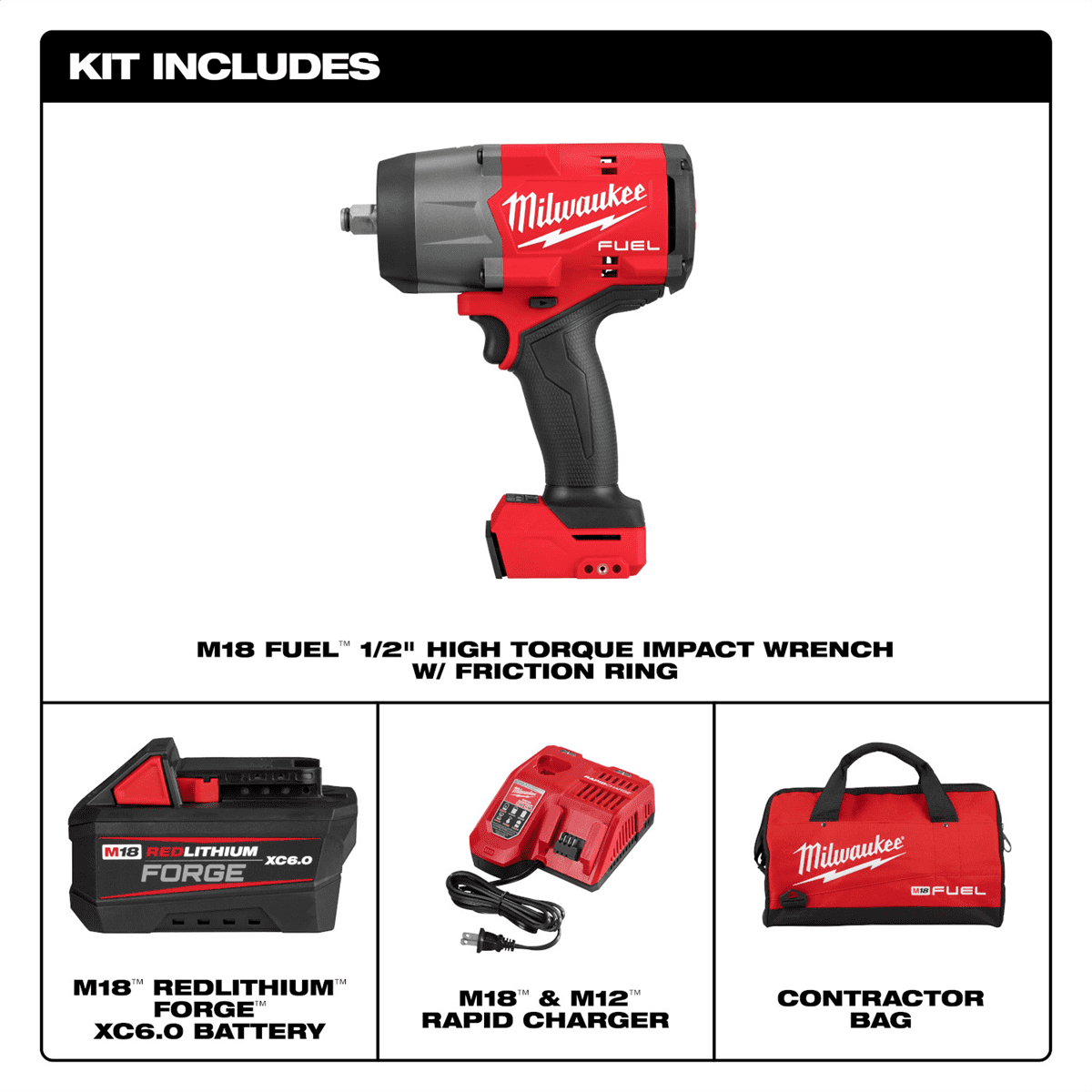 Milwaukee Tool M18 FUEL 1/2" High Torque Impact Wrench w/ Friction Ring REDLITHIUM FORGE Kit