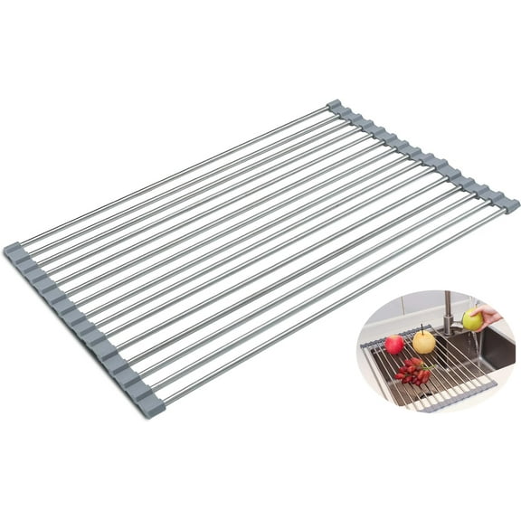 Dish Drainer Rack,Over The Sink Dish Drying Rack,Foldable and Removable Stainless Steel Dish Drying Over the Sink, Drying Mat, Sink Drainer Rack for Cups, Fruit, Vegetables (Gray,17.7"x 11.8")