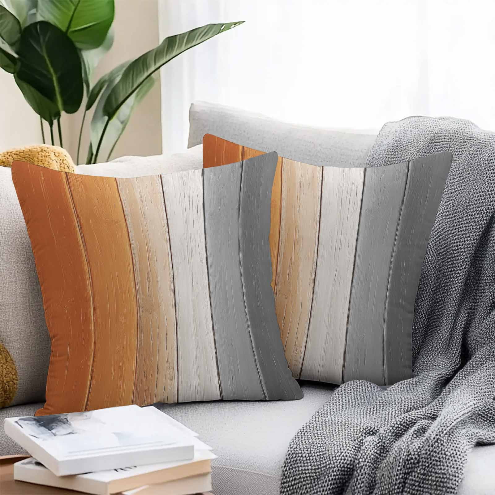 Throw Pillow Covers 16x16 Inch Set of 2, Burnt Orange Gray Ombre Waterproof Outdoor Pillow Covers, Vintage Farmhouse Wooden Decorative Cushion Pillowcases for Couch, Sofa, Bed, Garden, Patio
