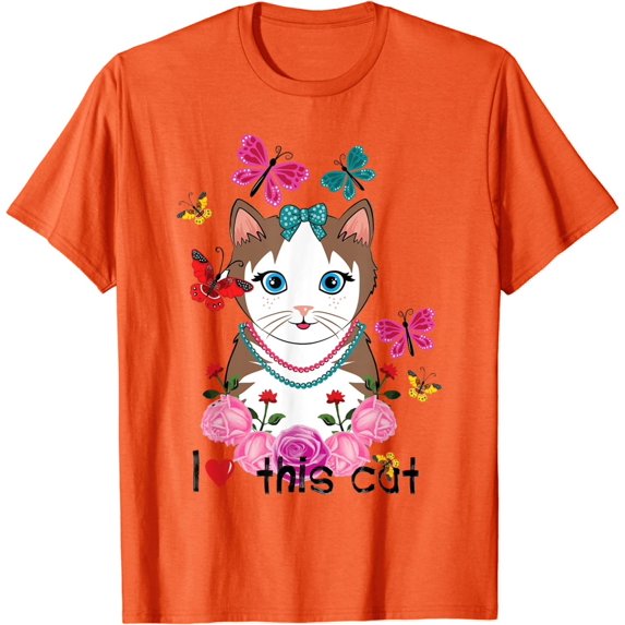 Cute I Love This Cat Butterflies and Roses for Women Girls T-Shirt