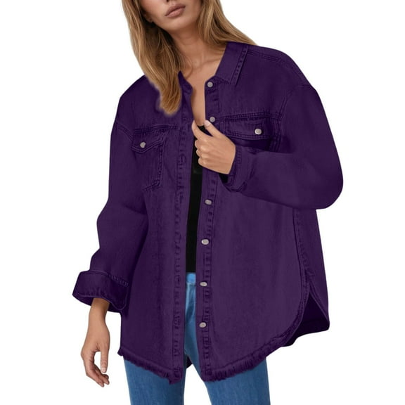 Cnbwig Quilted Jackets for Women Solid Color Denim Coat Long Sleeve Button Down Jacket Loose Washed Irregular Hem Jean Jacket Fall Casual Plush Jacket Outwear A-Dark Purple L