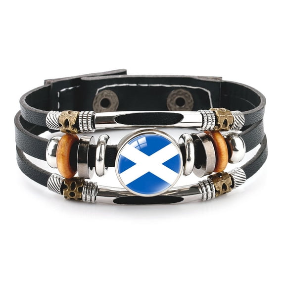 Uijokdef Country Flag Leather Bracelet, Multi-Layer Black Cowhide Design, 7.87 Inches