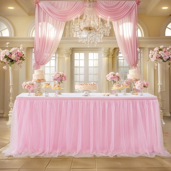 6FT Pink Tulle Table Cloth Tulle Desk Skirts Tutu Table Skirt Ruffle Tablecloth Rectangle Tables Cover Wrinkle Stretch Decorations