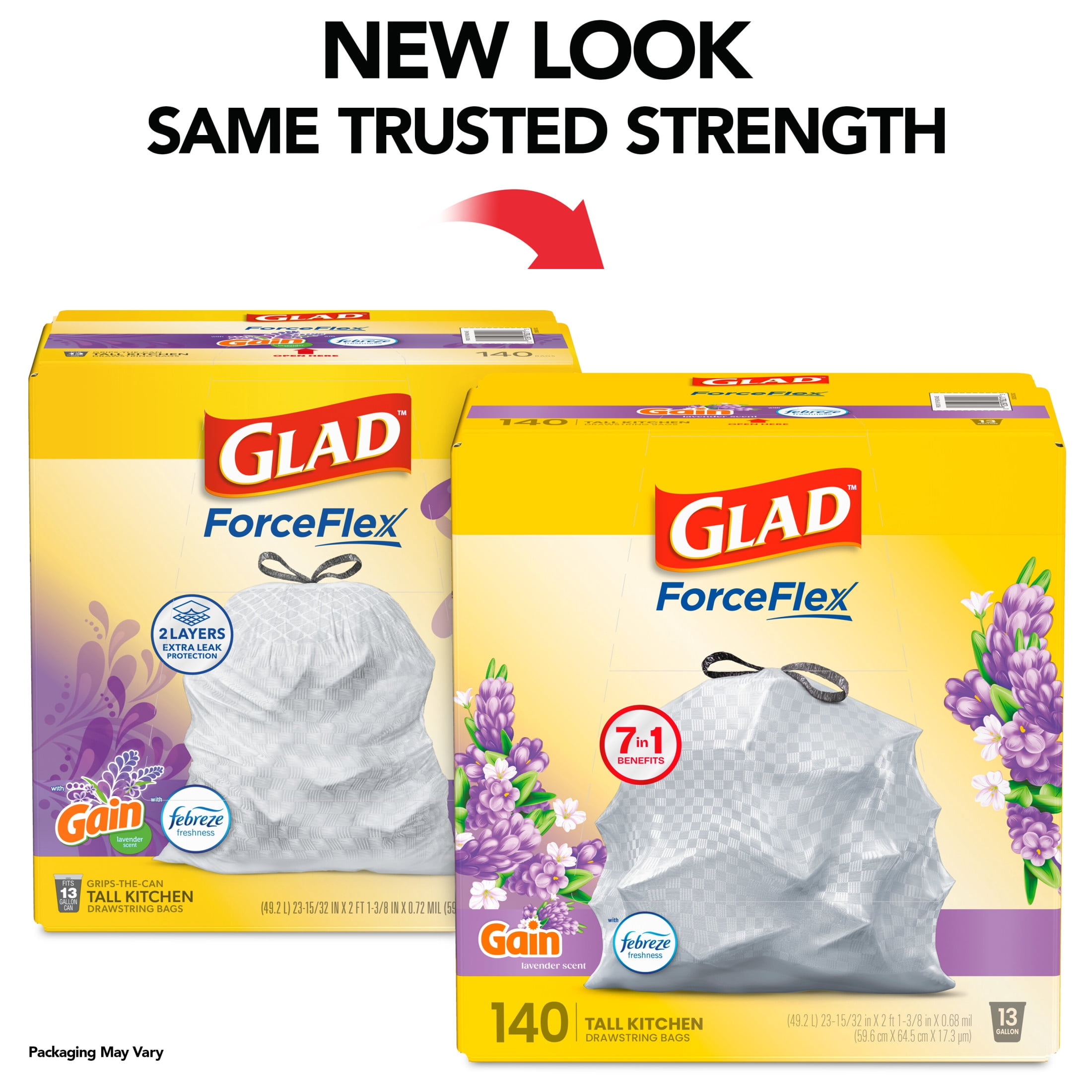 (2 pack) Glad ForceFlex 13-Gallon Drawstring Tall Kitchen Trash Bags, Gain Lavender Scent, 140 Bags