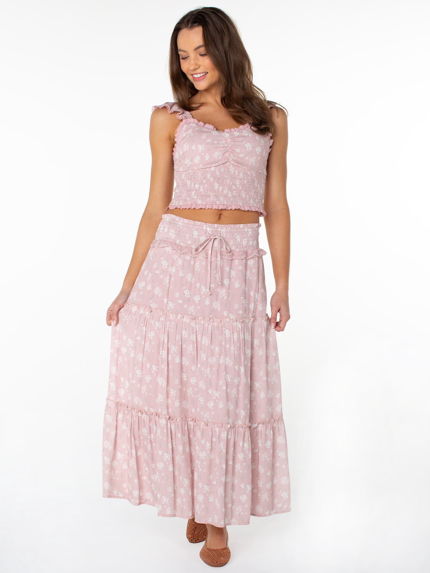 Celebrity Pink Women's and Women's Plus Floral Print Tiered Maxi Skirt, Sizes XS-4X