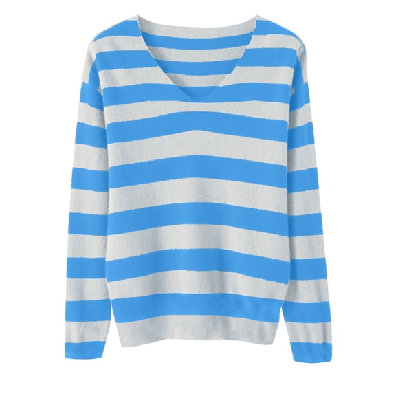 cocolona Striped Pullover Sweater V Neck Long Sleeve Lightweight Loose Casual Fall Knitted Outer