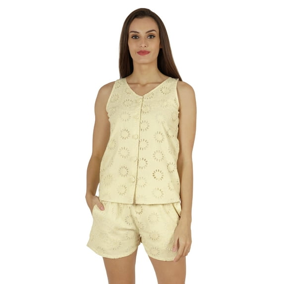 Bimba Solid Schiffli Top And Short Nightwear Set For Womens Casual 2pcs Sexy Lounge Sleepwear