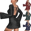 thumbnail image 1 of Minivestido de mujer con espalda descubierta, mangas con volantes y detalles de malla brillante, elegante y glamuroso., 1 of 4