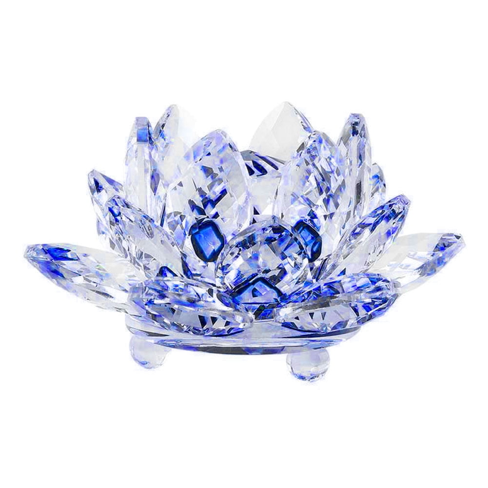 Buddhist Crystal Lotus Flower Figure Ornaments Feng Shui Decor 8cm Blue 