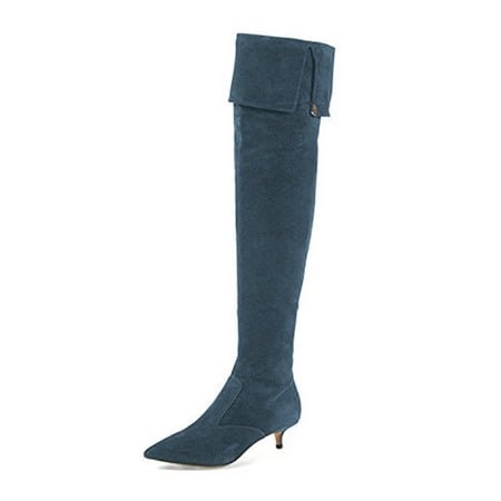 

YDN Women Over The Knee High Stilettos Boots Pointed Toe Kitten Low Heels Wide Calf Dress Zipper Shoes Size 7.5 Steelblue