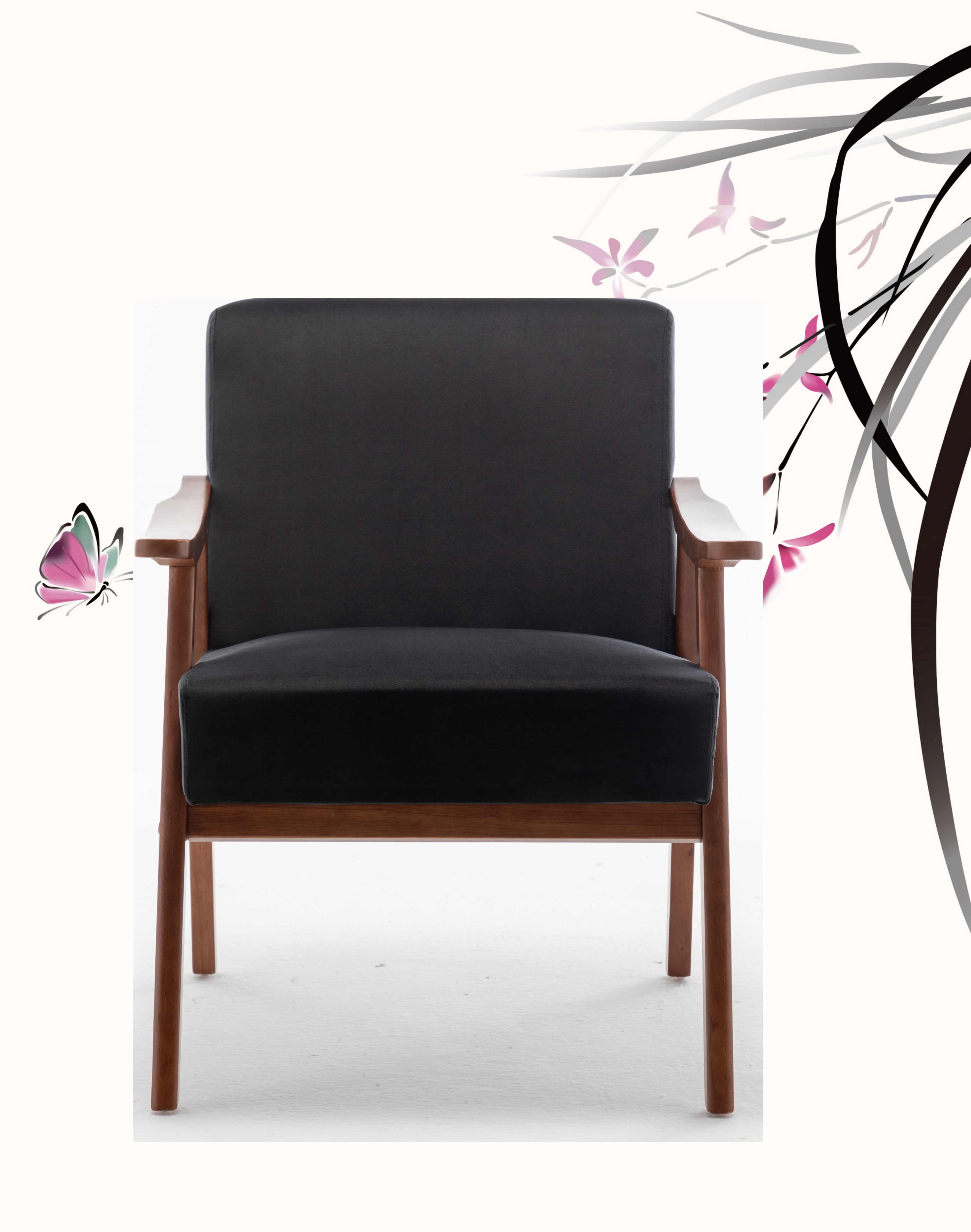 Mintazer Mid-Century Modern Velvet Leather Accent Chair, Armchair for Living Room Bedroom, Black