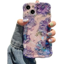 Case for iPhone 15, Colorful Retro Oil Painting Printed Flower Laser Glossy Pattern Cute Curly Waves Border Exquisite Phone Cover Stylish Durable TPU Protective Case for Girls Women - Purple