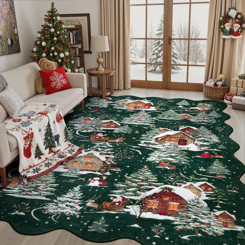 Wonnitar Christmas 8x10 Area Rug for Living Room, Green Washable Rug Non Slip, Soft Christmas Tree Santa Claus Holiday Decor Carpet for Bedroom Kids Room Dining Room Playroom