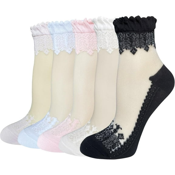 5 Pairs Sheer Floral Socks for Women, Embroidered Mesh Lace Ankle Socks, Breathable Summer Cute Transparent Stockings