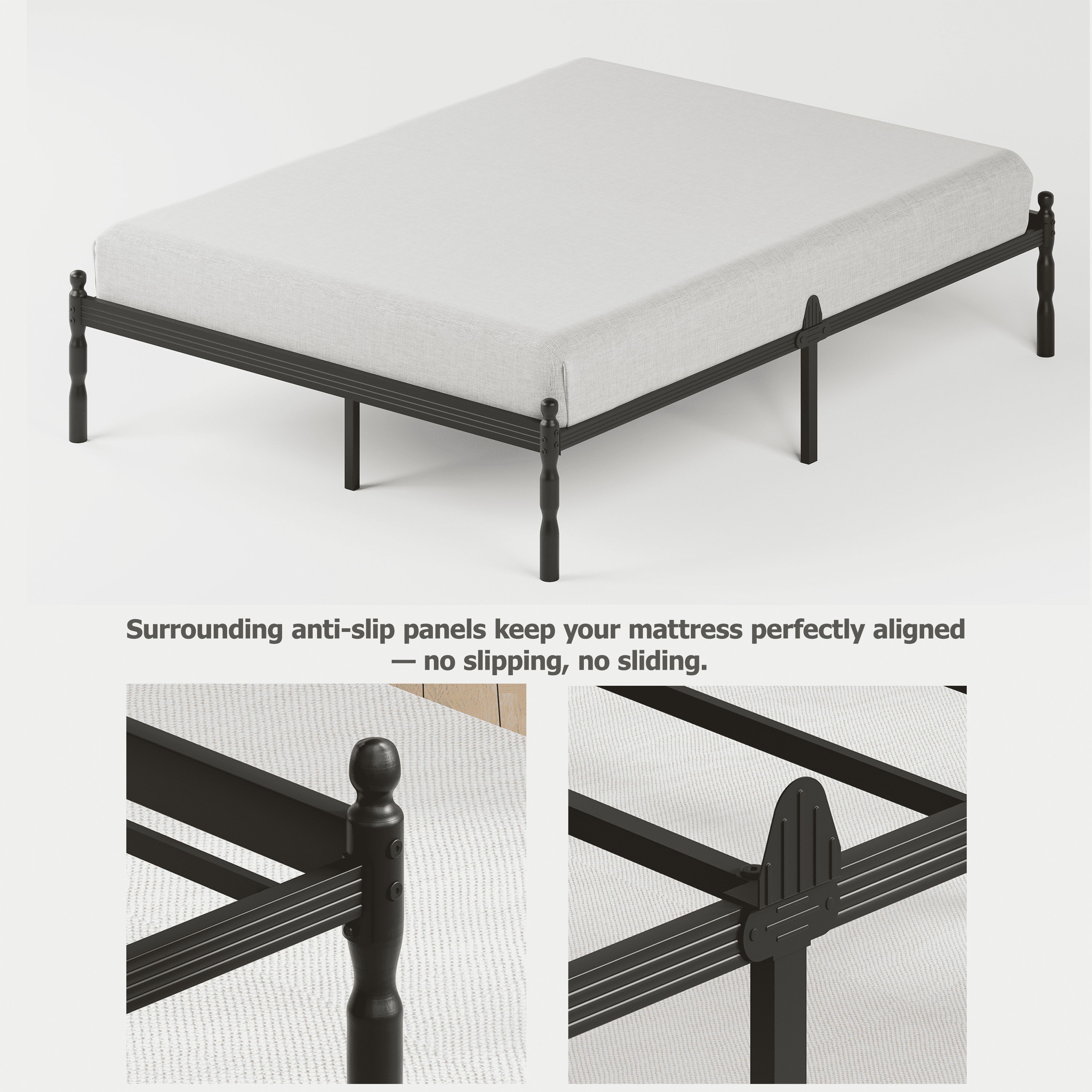 QFTIME 14" Queen Metal Bed Frame with Mattress Non-Slip Stoppers, No Box Spring Needed