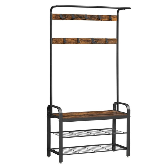 VASAGLE Porte-Manteau, Arbre de Hall avec Banc à Chaussures pour Entrée, Meuble d'Accent Industriel avec Cadre en Acier, Design 3-en-1, Assemblage Facile, Brun Rustique et Noir UHSR400B01
