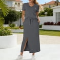 thumbnail image 2 of PRINxy Women's 2 Piece Casual Set V-Neck Short Sleeve Top Elastic Waist Split Hem Maxi Skirt with Pockets Breathable Vacation Daily Wear Gray S, 2 of 7
