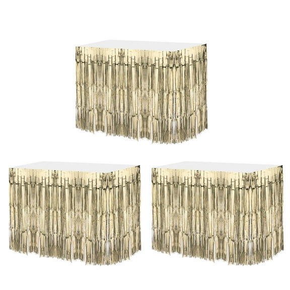 3 Pcs 29x108 Inch Champagne Gold Metallic Foil Fringe Tinsel Table Skirts