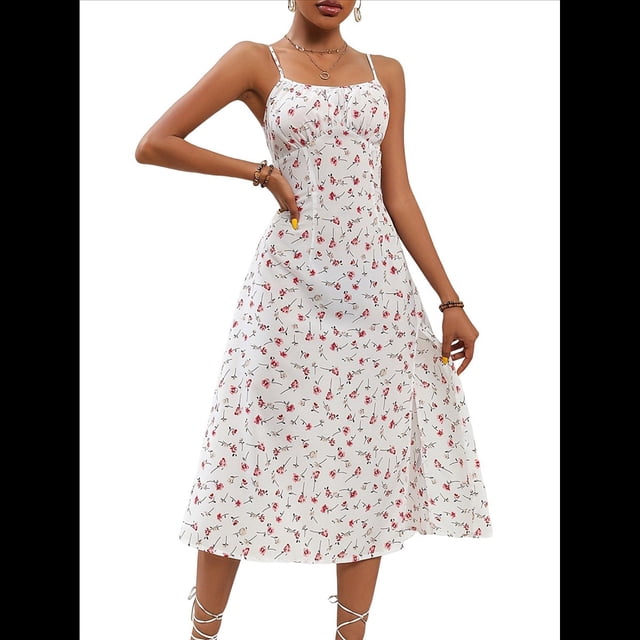 Vestido de Verano Floral para Mujer, Vestido Midi con Tirantes Finos y Espalda Descubierta, Vestido Bohemio para Vacaciones en la Playa. L