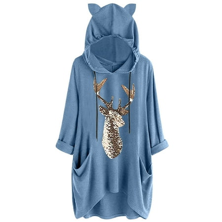 

Sexy Dance Women Long Sleeve T-shirt Hoodie Tunic Plain Tops Plus Size Tee Shirts Blouse Bear Ear Print Hooded Loungewear Nightgown Pajama