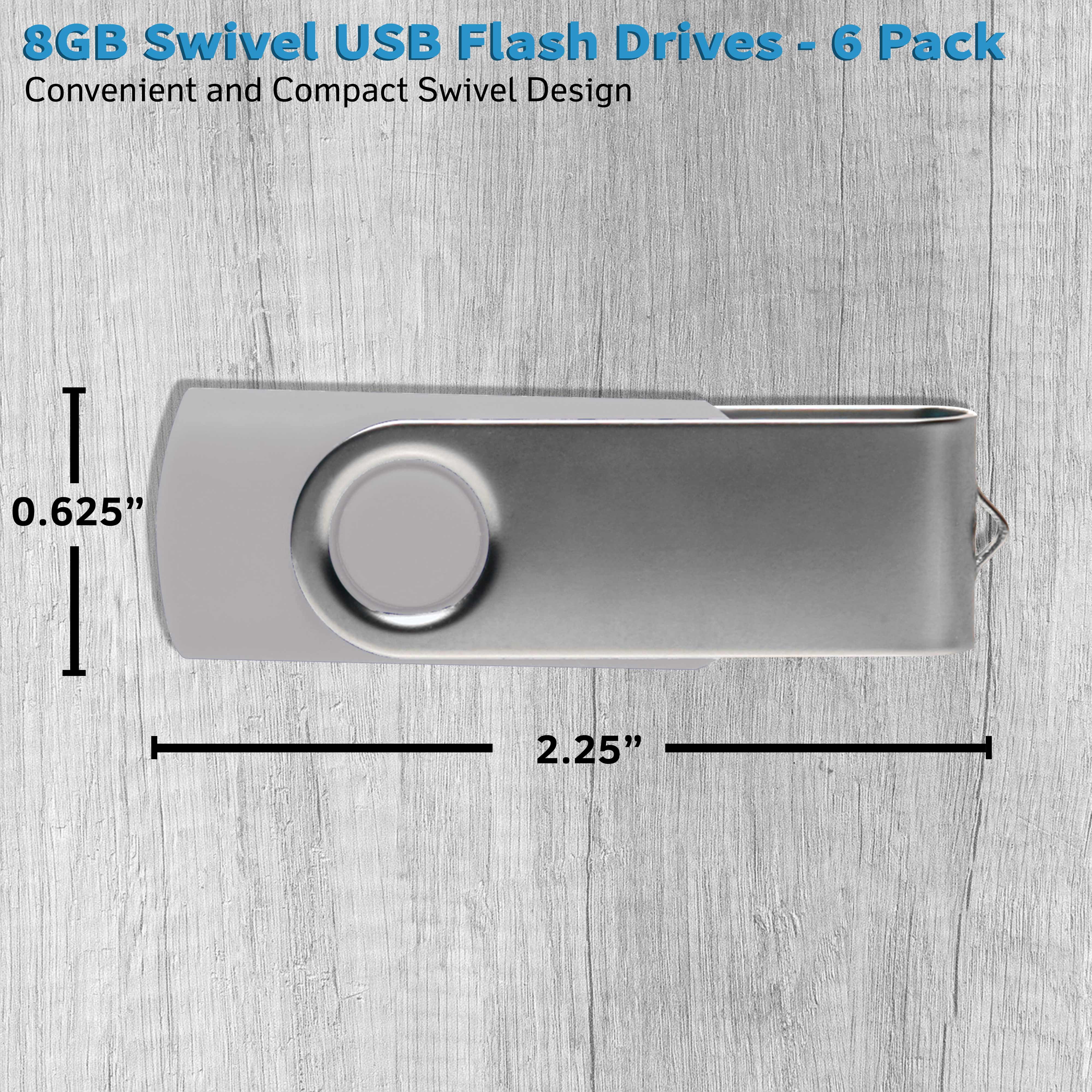 6 Swivel USB Flash Drives Pack, 8GB - Pocket size, Long Data Retention - Silver