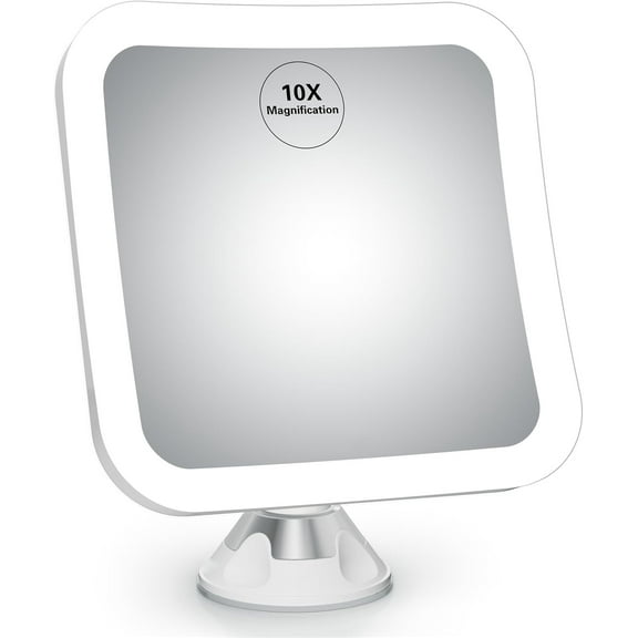 LQQBOX 10X Magnifying Lighted Makeup Mirror - Daylight LED Vanity Mirror - Compact, Cordless, Locking Suction, 360 Rotation, Portable Illuminated Bathroom Mirror (Square)