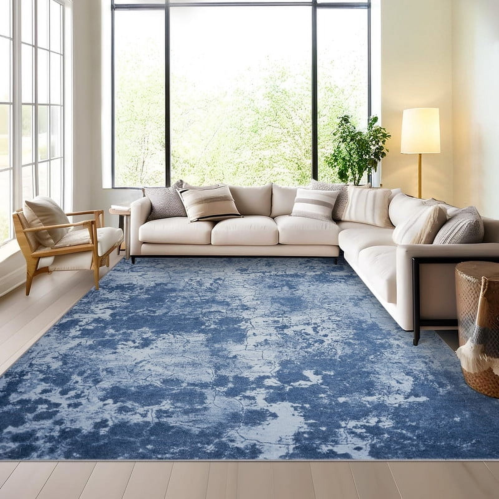 Living Room Area Rugs 8x10 Washable Abstract Neutral Modern Large Soft Indoor Rug Stain Resistant Non Slip Carpet for Bedroom Dining Room Farmhouse Home Office Blue