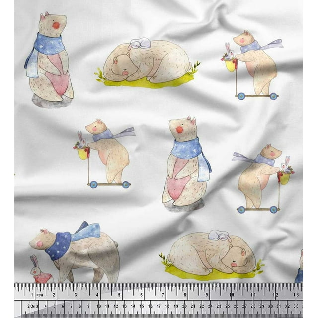 Soimoi Cotton Poplin Fabric Cycle,Rabbit & Bear Kids Print Fabric by Yard 56 Inch Wide