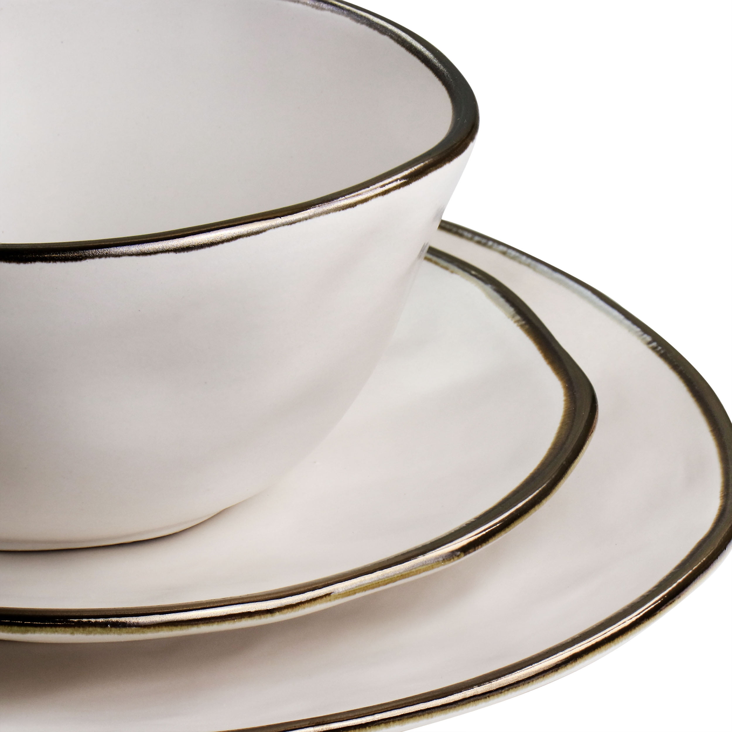 Elama Modern 16 Piece Stoneware Dinnerware Set in Matte White with Gold Rim