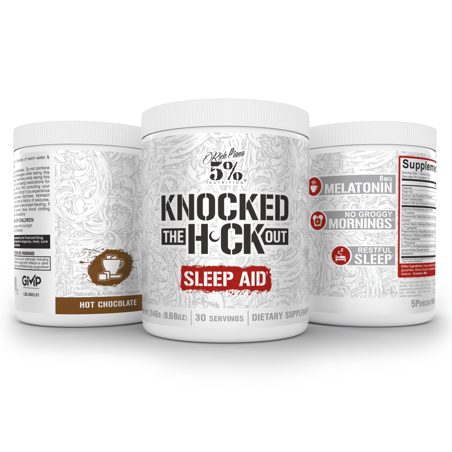 5% Nutrition Rich Piana Knocked Out Natural Sleep Supplement | Post-Workout Recovery & Deep Sleep Supplement | 7.2 oz, 30 Servings (Hot Chocolate)