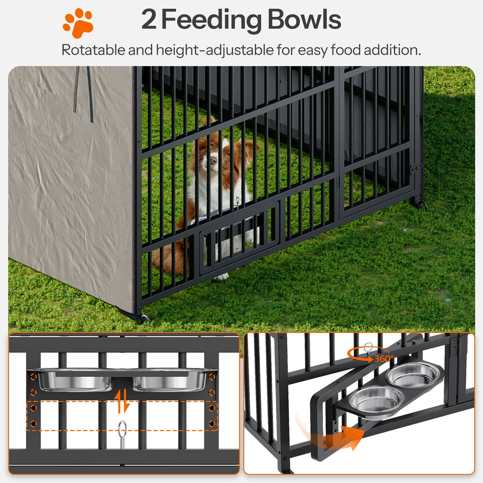 HOOBRO Outdoor Dog Kennel with Cover, 6.6 x 6.6 x 6.4 ft Dog Kennel Outside with Waterproof Roof and Rotating Feeding Bowls, Heavy-Duty Large Cage Enclosure, for Medium & Large Dogs, Black BK220GW03