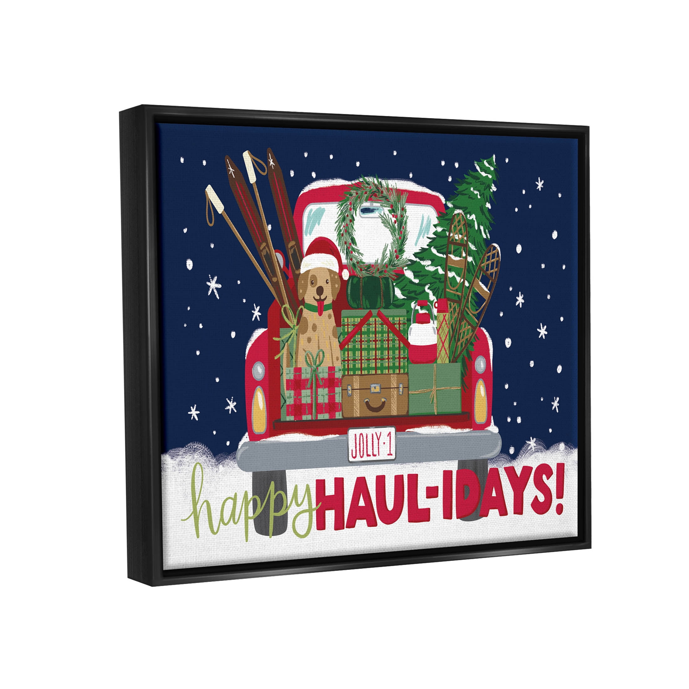 Stupell Industries Happy Haul-idays Christmas Gift Truck Graphic Art Jet Black Floating Framed Canvas Print Wall Art, Design by Amanda McGee