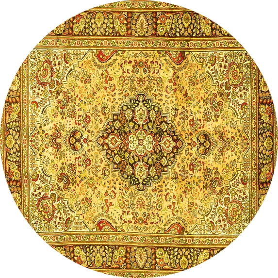 Ahgly Company Machine Washable Indoor Round Medallion Yellow Traditional Area Rugs, 4' Round