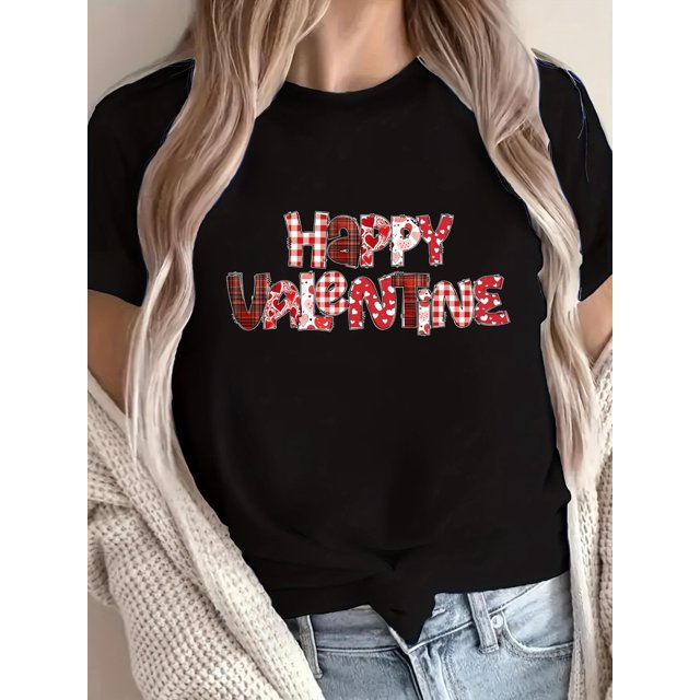 Camiseta 100% para mujer "Feliz Día de San Valentín" - Cuello redondo informal, manga corta, color negro con estampado de corazones rojos y blancos. Lavable a máquina. Ideal para el tiempo libre.