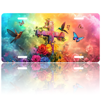 1 Pcs 2D Flat License Plate Covers & Frames, Colorful Cross For Decorative Front, Waterproof For Decoration Aluminum License Plate Covers & Frames Cover For Men Women, 12" X 6"