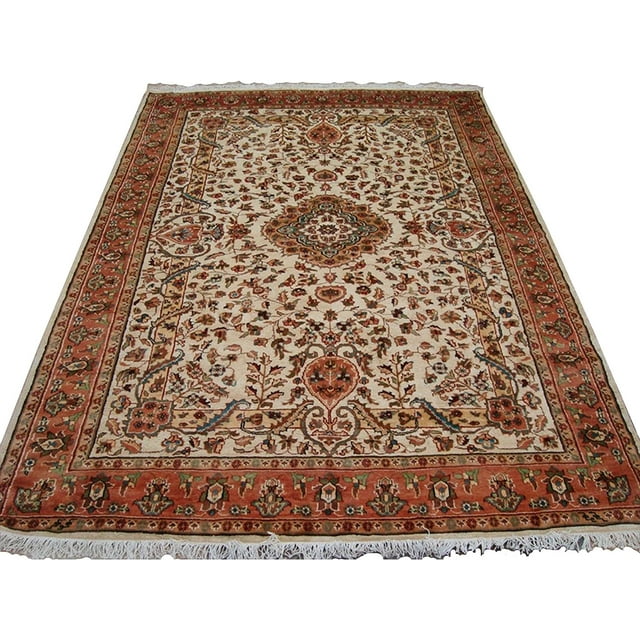 Wow Pestal Ivory Medallion Vaas Rectangle Area Rug Hand Knotted Wool Silk Carpet (8 x 6)'