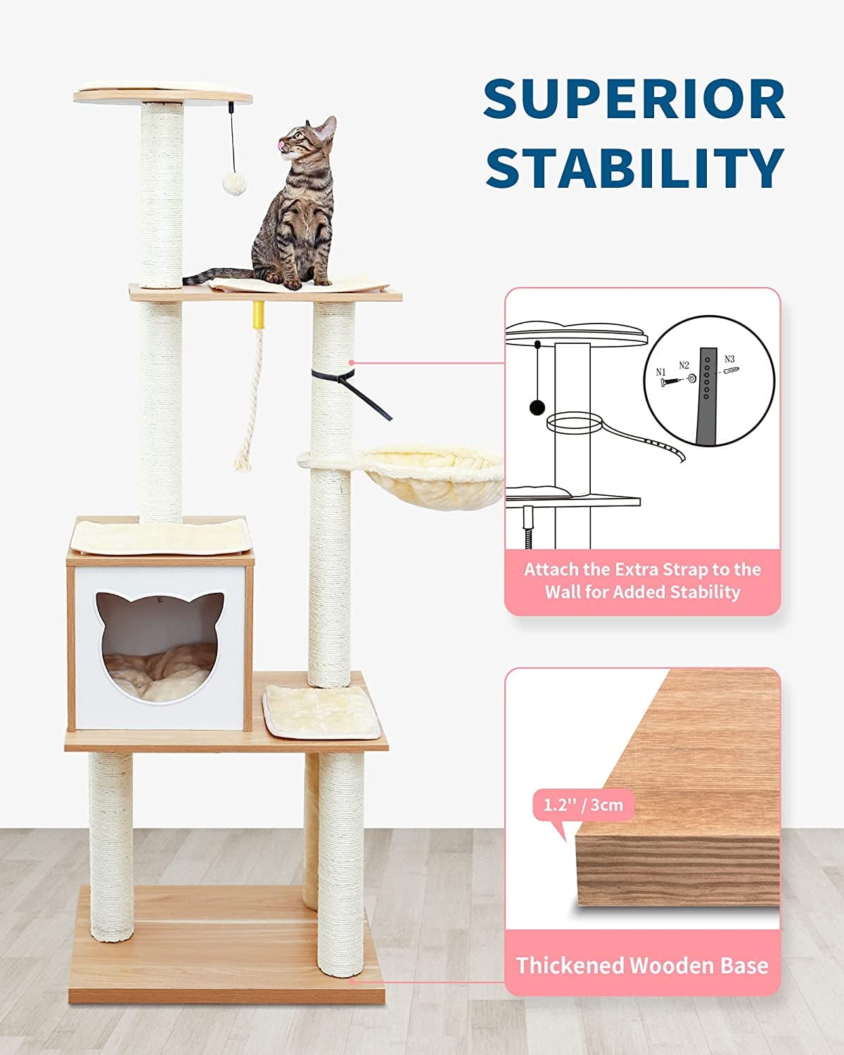 65" Tall Wood Condo Cat Tree Tower with Hammock, Scratching Post and Removable Pads