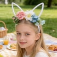 thumbnail image 1 of Diadema de corona de Pascua con orejas de conejo, diadema floral estilo bosque, accesorio para el cabello con flores artificiales. Diadema de plástico., 1 of 6