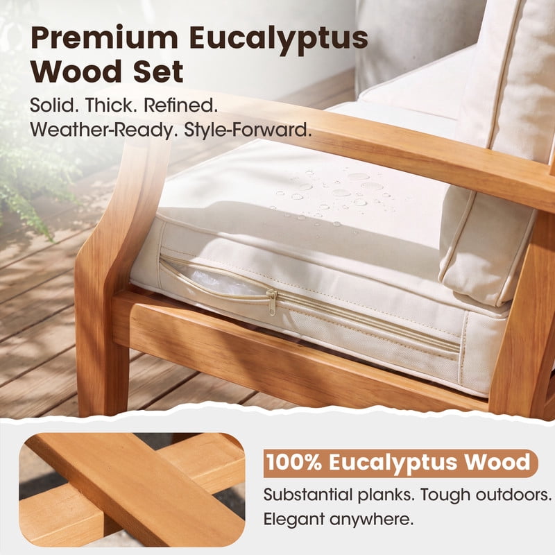 Vineego 4-Piece Patio Conversation Set, Eucalyptus Wood Outdoor Sectional Sofa with 4" Thick Cushions, Patio Furniture for Backyard, Deck, Balcony & Porch