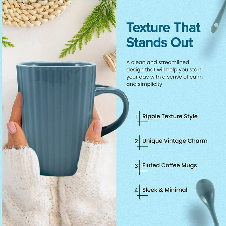 Blue Latte Coffee Mug Tea Cup Ribbed Stoneware 10 Oz, Set Of 2