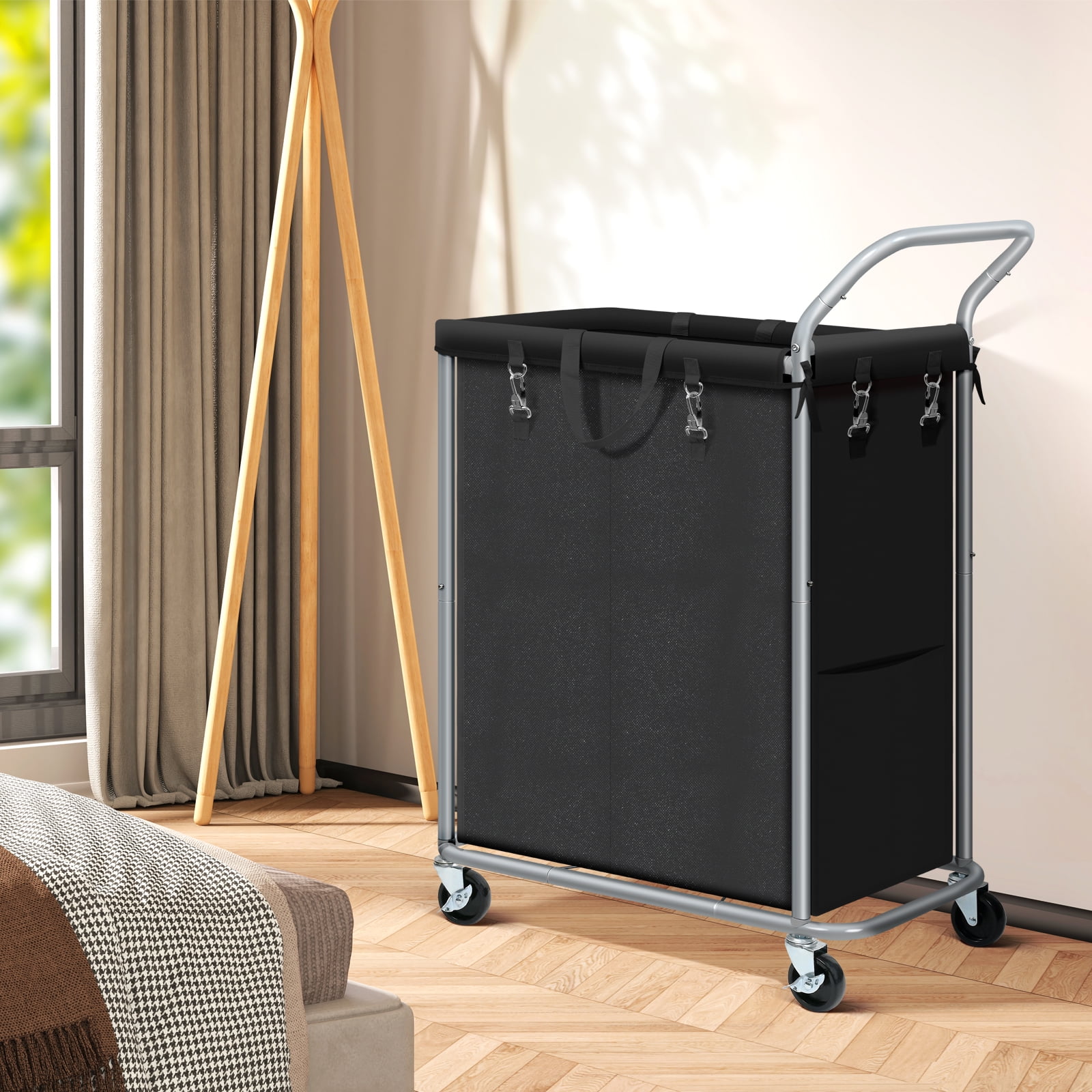 Ollieroo Laundry Hamper with Wheels,140L Rolling Laundry Hamper,2-Section Rolling Laundry Hamper with Removable Liner & Handles for Clothes Storage, Laundry Room,Black