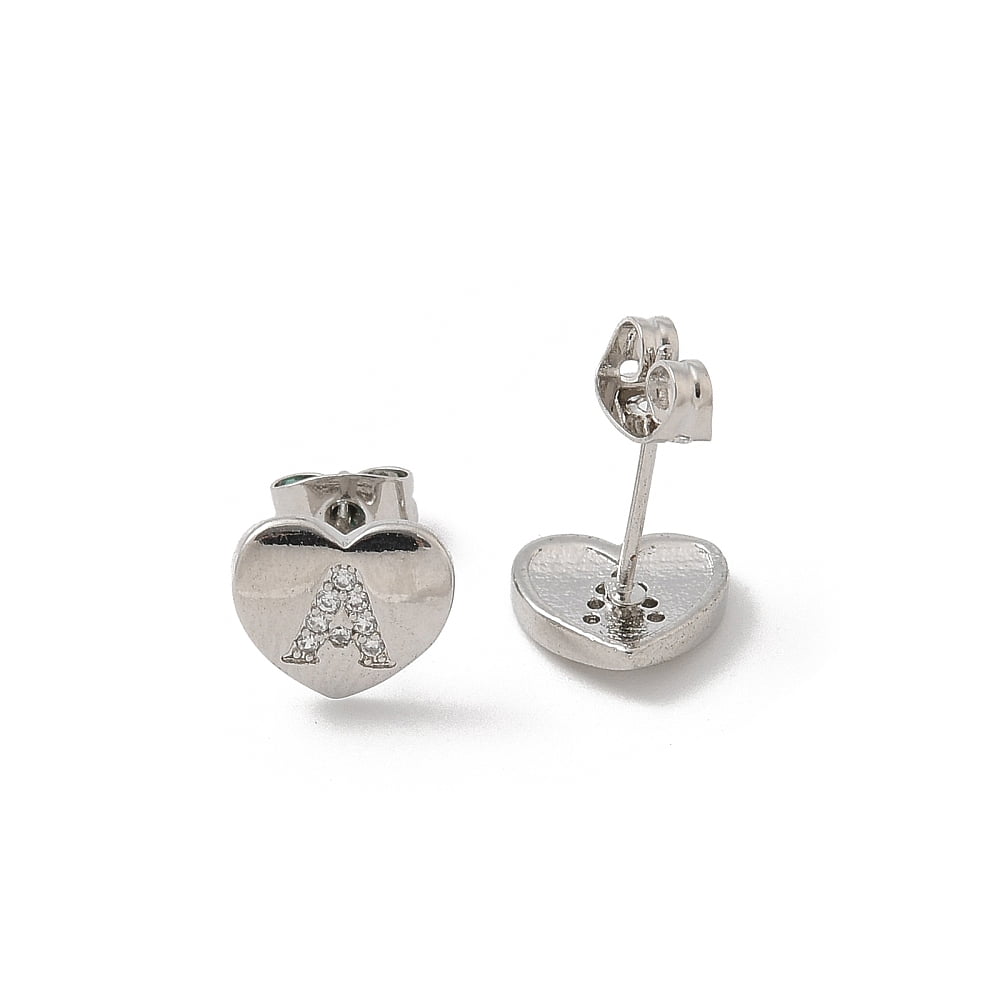Rack Plating Brass Micro Pave Clear Cubic Zirconia Stud Earrings Heart with Letter A~Z Platinum 8.5x9.5mm